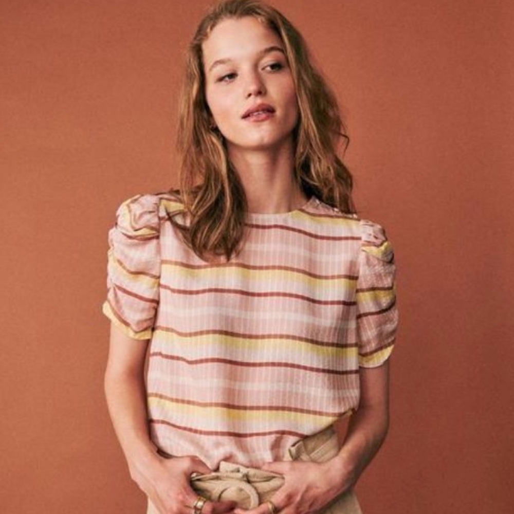 Sezane Coralie 100% Blouse Top Striped Button Shoulder Size XS/S - No size label